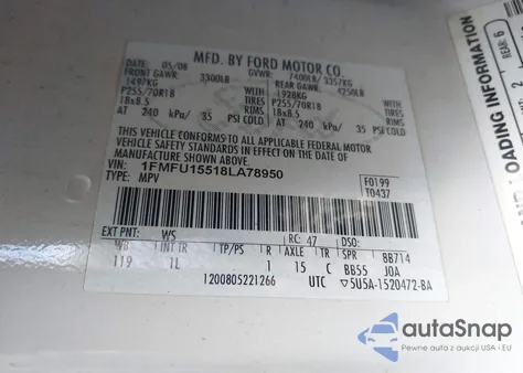 2008 Ford Expedition Xlt z USA, uszkodzony, nr VIN 1FMFU15518LA78950